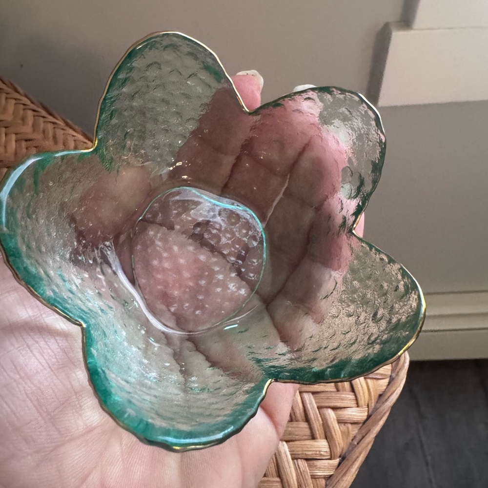 Teal Glass Flower Trinket Bowl
